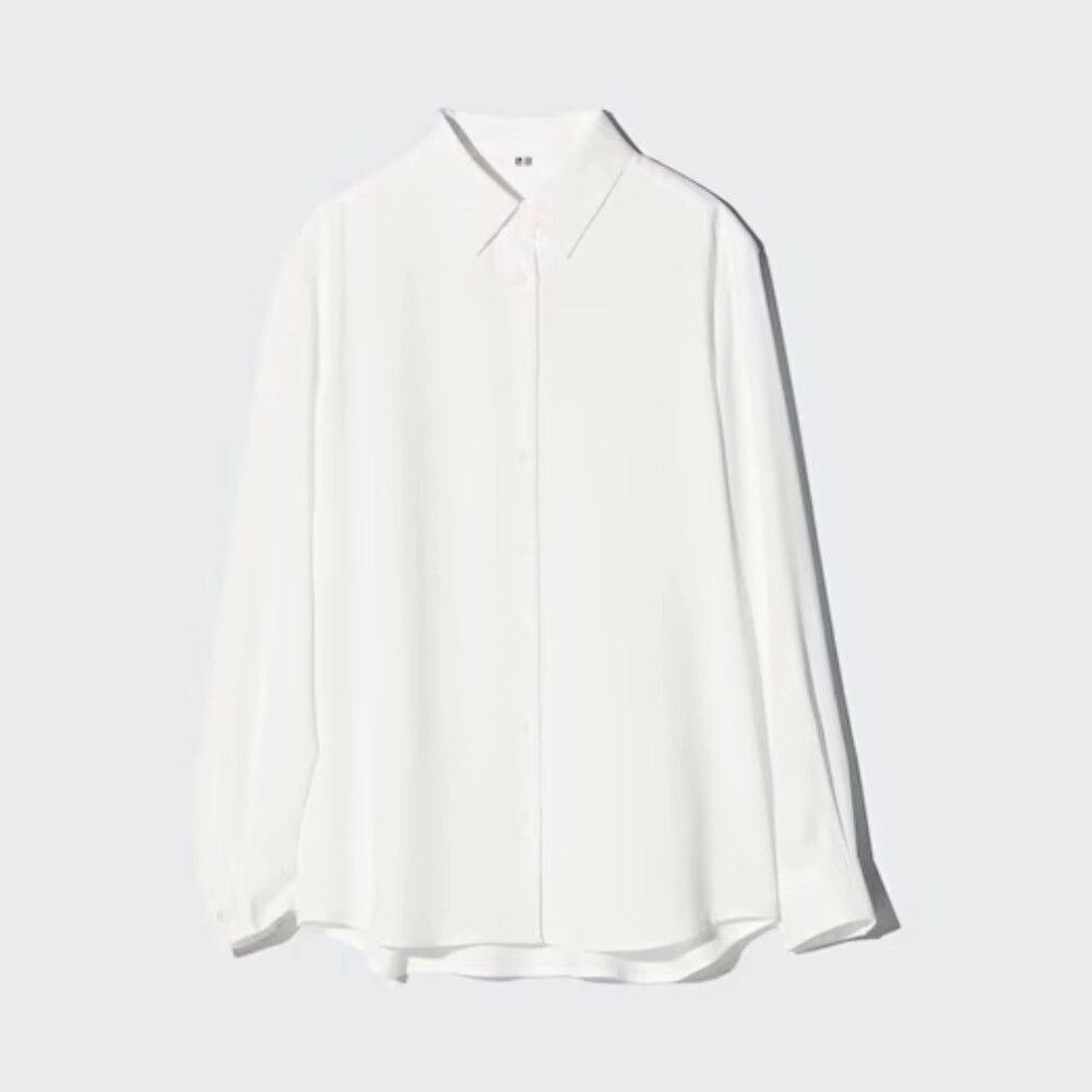 UNIQLO Women's L White Solid Collared Long Sleeve Button Women's Rayon Blouse